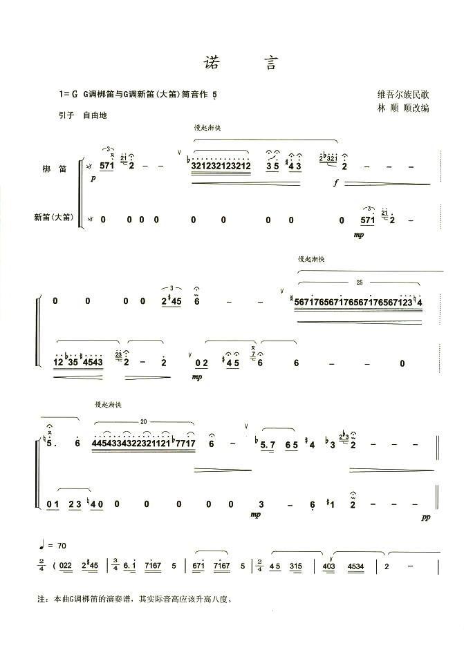 诺言笛子（箫）曲谱（图1）