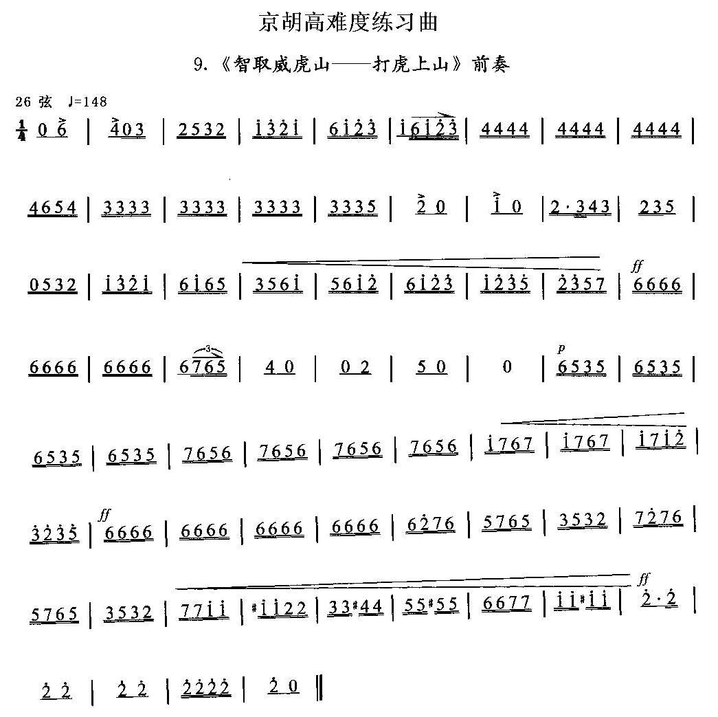 京胡高难度练习曲9、《智取威虎山——打虎上山》前奏二胡曲谱（图1）