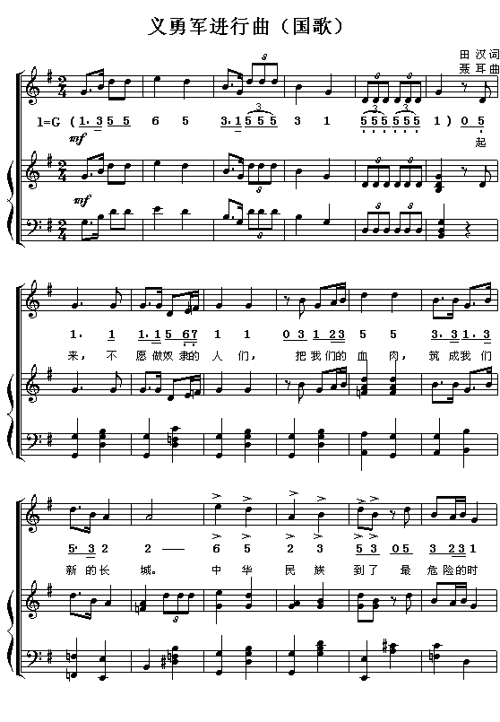义勇军进行曲（国歌、简谱/五线谱对照）钢琴曲谱（图1）