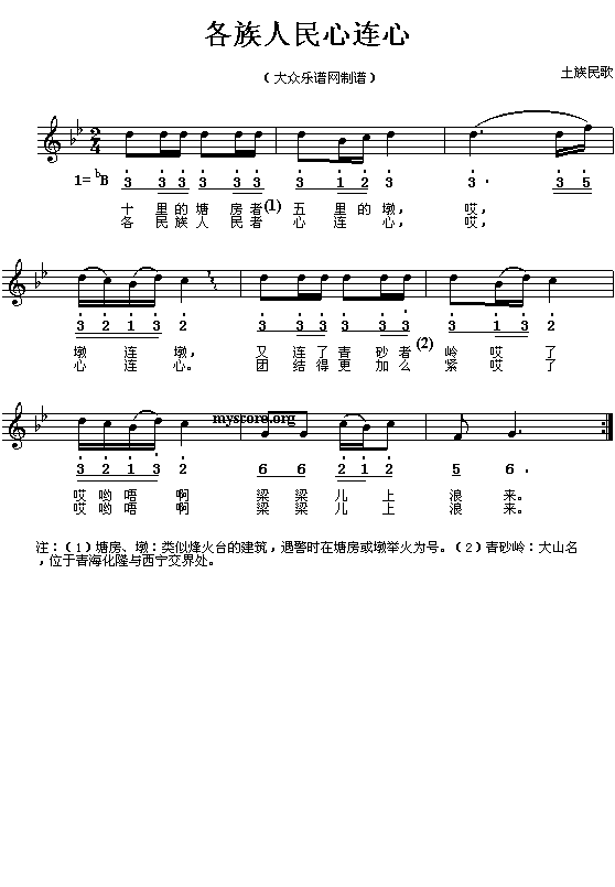 土族民歌:各族人民心连心(简线对照)钢琴曲谱（图1）