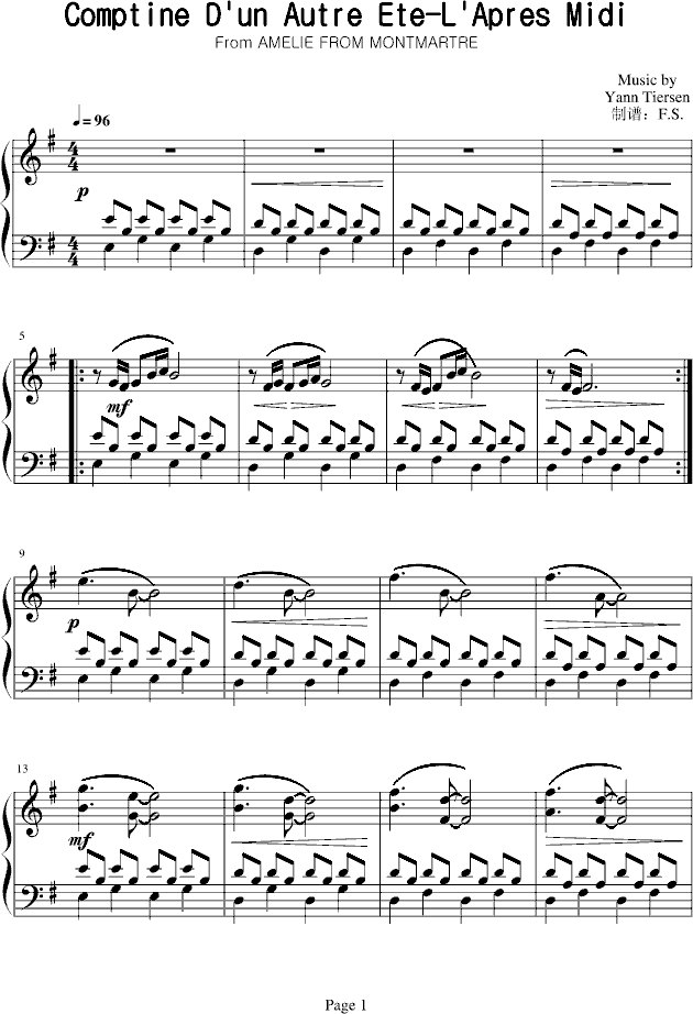 Comptine D＇un Autre Ete-L＇Apres Midi钢琴曲谱（图1）