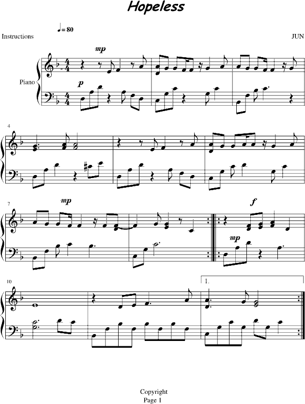 Hopeless钢琴曲谱（图1）