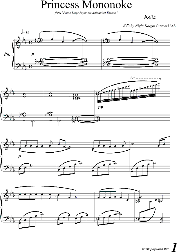 Princess Mononoke钢琴曲谱（图1）