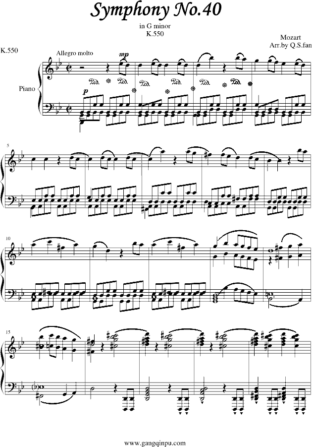 莫扎特第四十号交响曲（第一乐章）钢琴曲谱（图1）