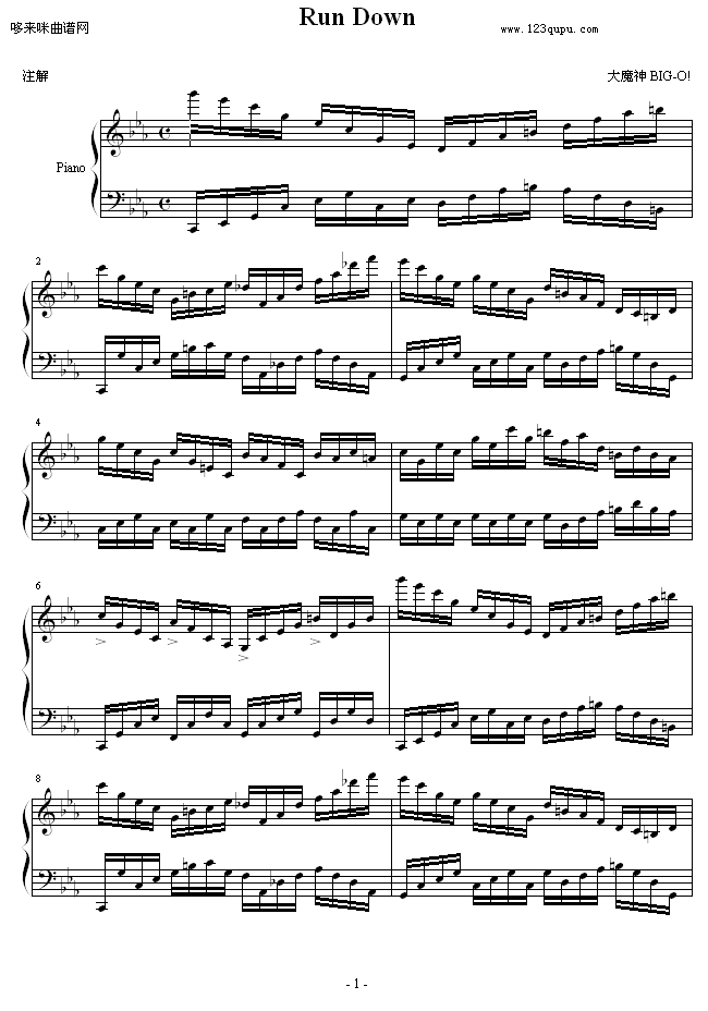 Run Down-动漫影视钢琴曲谱（图1）