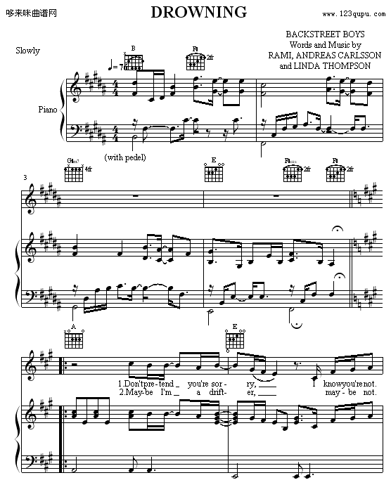 Drowning-后街男孩钢琴曲谱（图1）