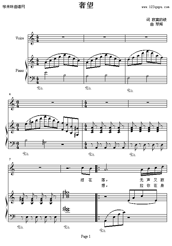 奢望-琴辉钢琴曲谱（图1）