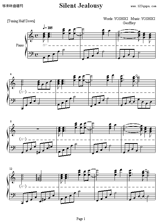 Silent Jealousy -(前奏)-X-JAPAN钢琴曲谱（图1）
