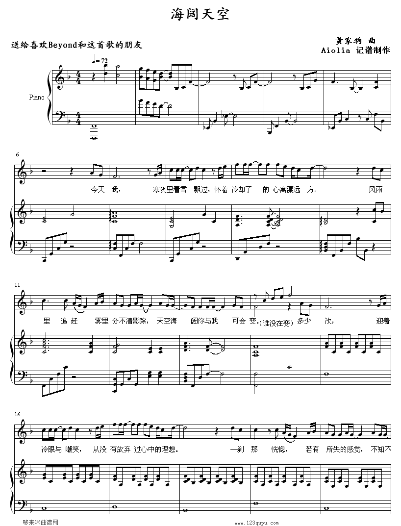 海阔天空-Aiolia-beyond钢琴曲谱（图1）