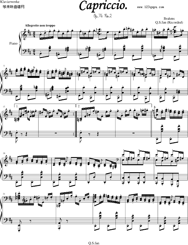 随想曲Op.76 No.2-勃拉姆斯钢琴曲谱（图1）