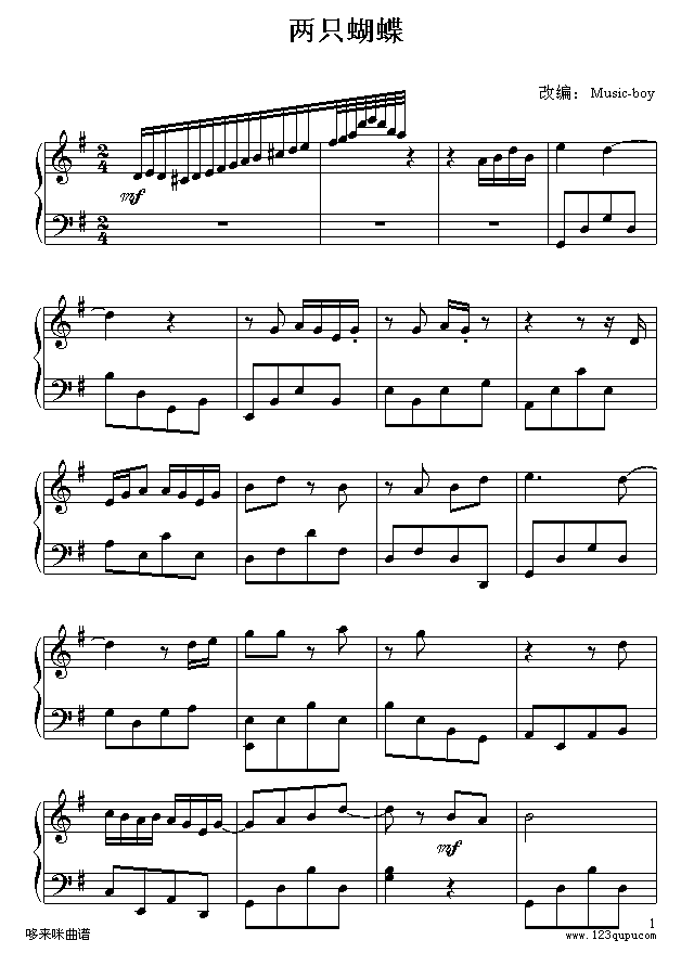 两只蝴蝶-Music-boy-庞龙钢琴曲谱（图1）