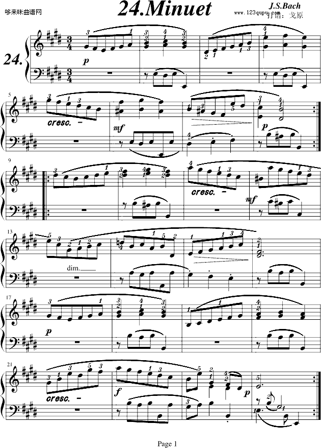 巴赫初步II No.24 Minuet-巴赫钢琴曲谱（图1）