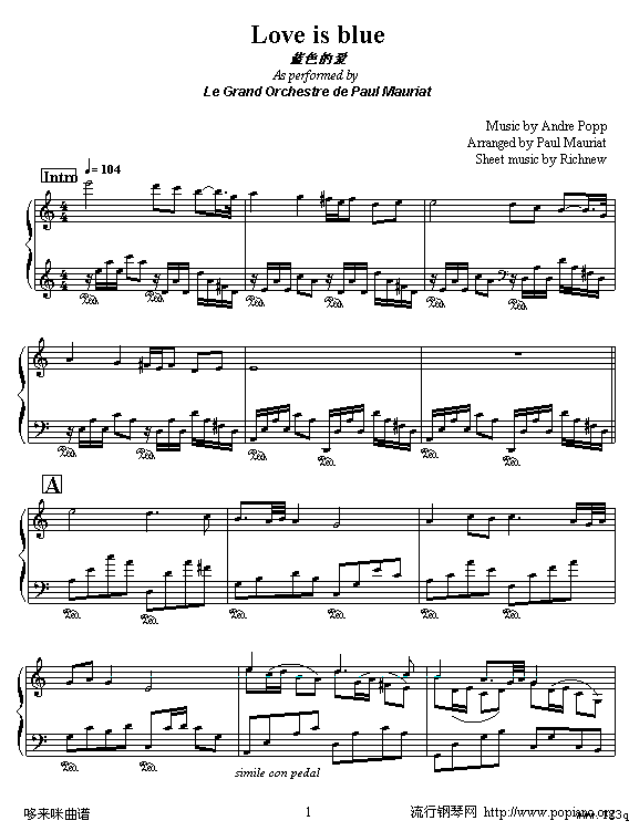 蓝色的爱-克莱德曼钢琴曲谱（图1）