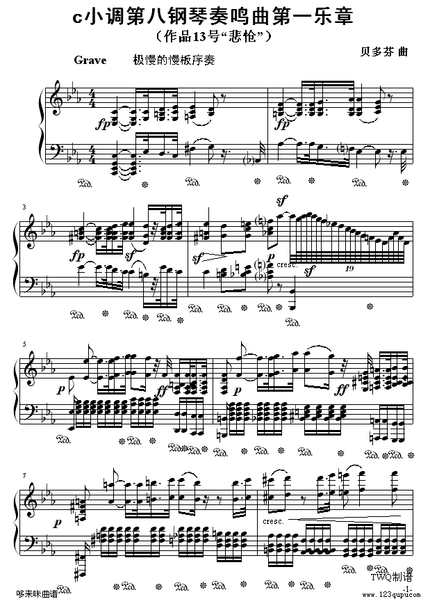 悲怆奏鸣曲第一乐章-贝多芬钢琴曲谱（图1）