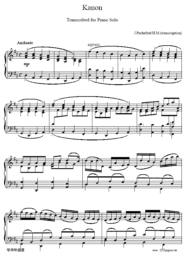 D大调卡农-Cannon D-帕赫贝尔-Pachelbel钢琴曲谱（图1）