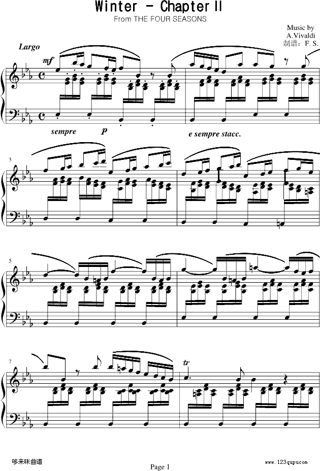 四季·冬之第二乐章（钢琴独奏版）-维瓦尔第钢琴曲谱（图1）