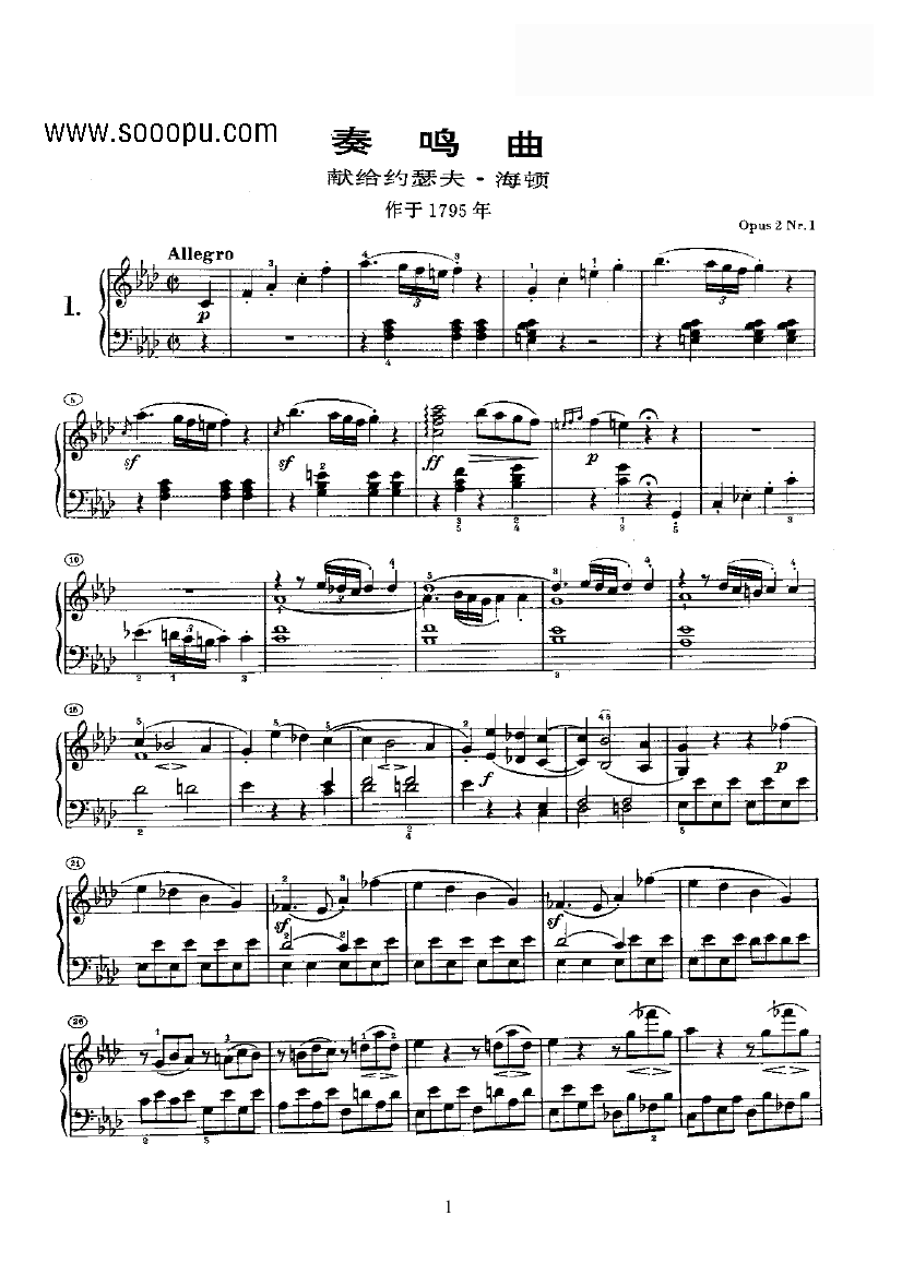奏鸣曲(Opus2 Nr.1) 键盘类 钢琴钢琴曲谱（图1）
