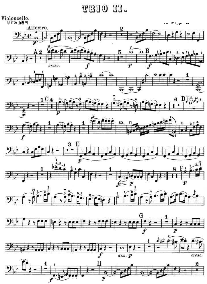 提琴三重奏 第二首 降B大调 K.502之Cello TRIO钢琴曲谱（图1）