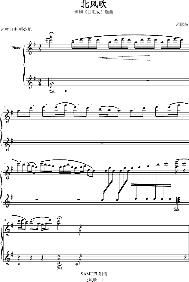 北风吹（舞剧《白毛女》选曲）钢琴曲谱（图1）