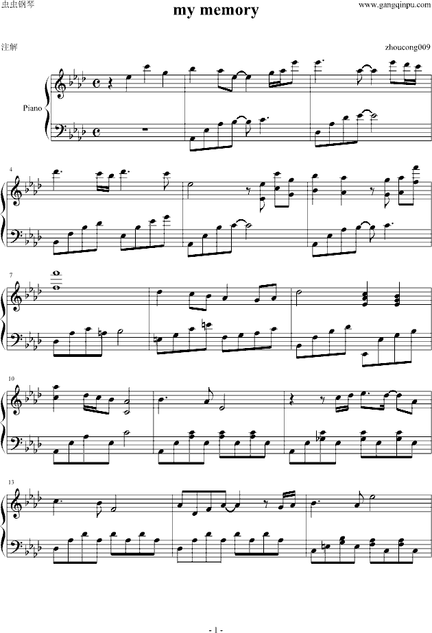 my memory钢琴曲谱（图1）