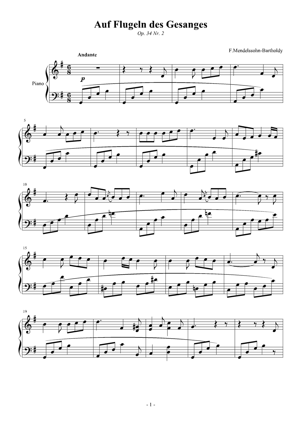 Auf Fluegeln des Gesan钢琴曲谱（图1）