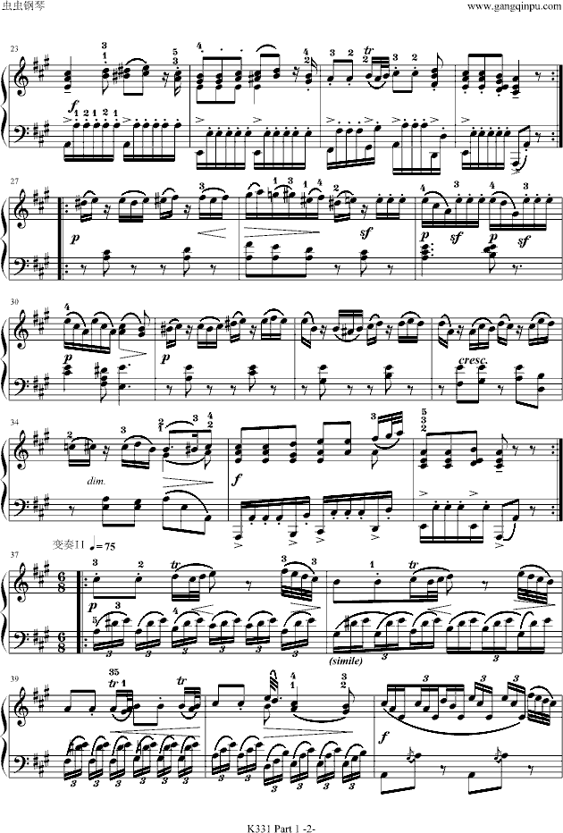A大调奏鸣曲-带指法(第一乐章)钢琴曲谱（图2）