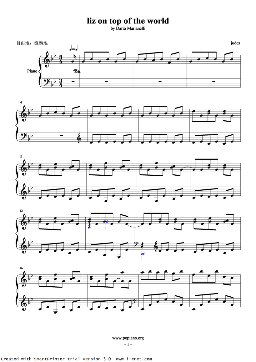 liz on top of the world钢琴曲谱（图1）