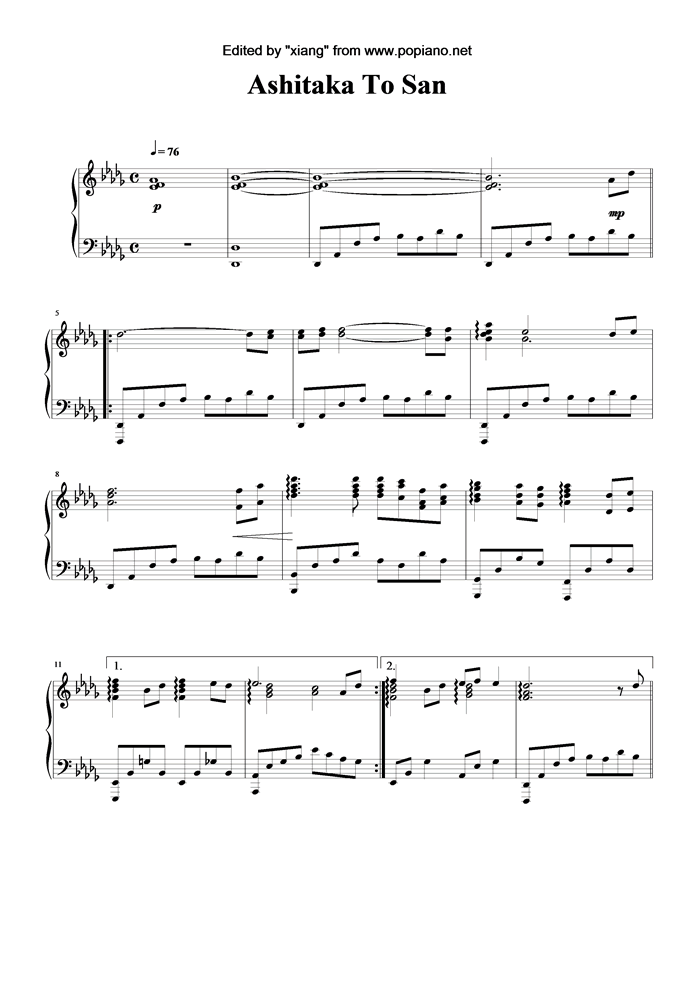 Ashitaka To San钢琴曲谱（图1）