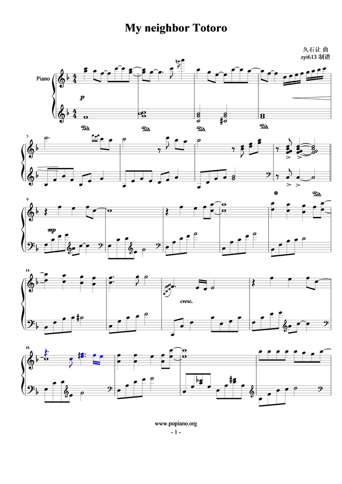 My neighbor Totoro钢琴曲谱（图1）