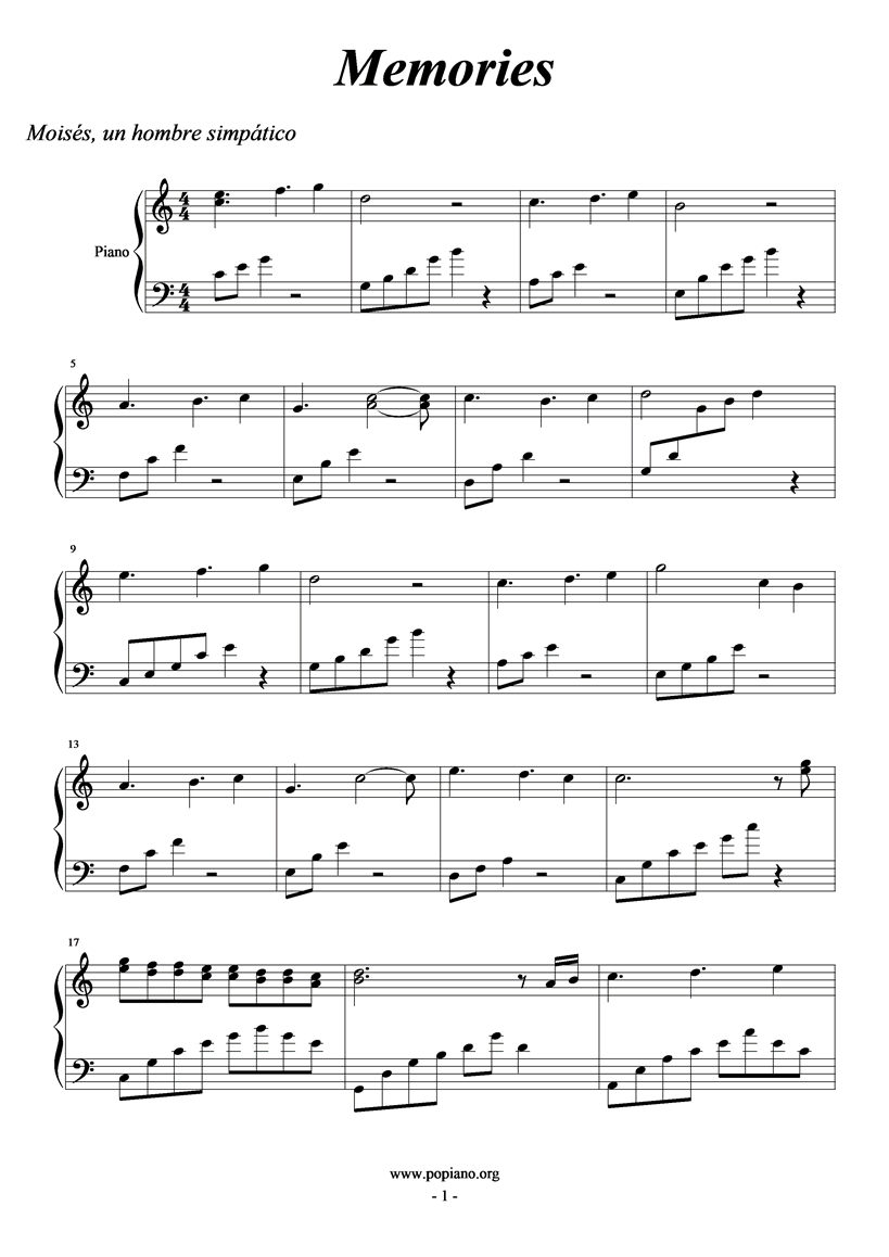 memories钢琴曲谱（图1）