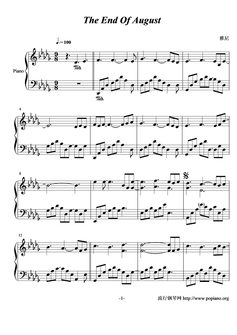 The End Of August钢琴曲谱（图1）