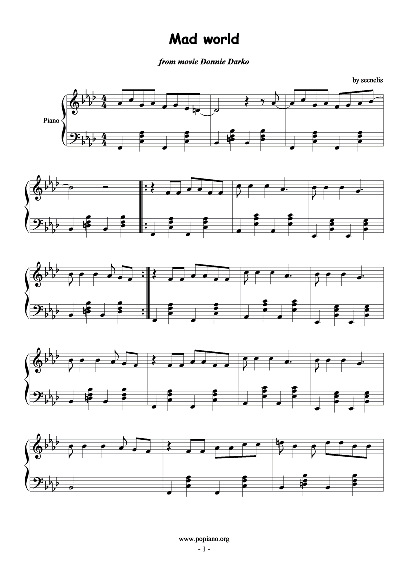Mad world钢琴曲谱（图1）