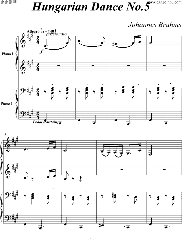 《匈牙利舞曲第5号》四手联弹钢琴曲谱（图1）