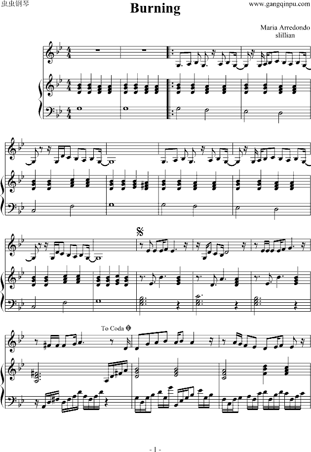 burning钢琴曲谱（图1）