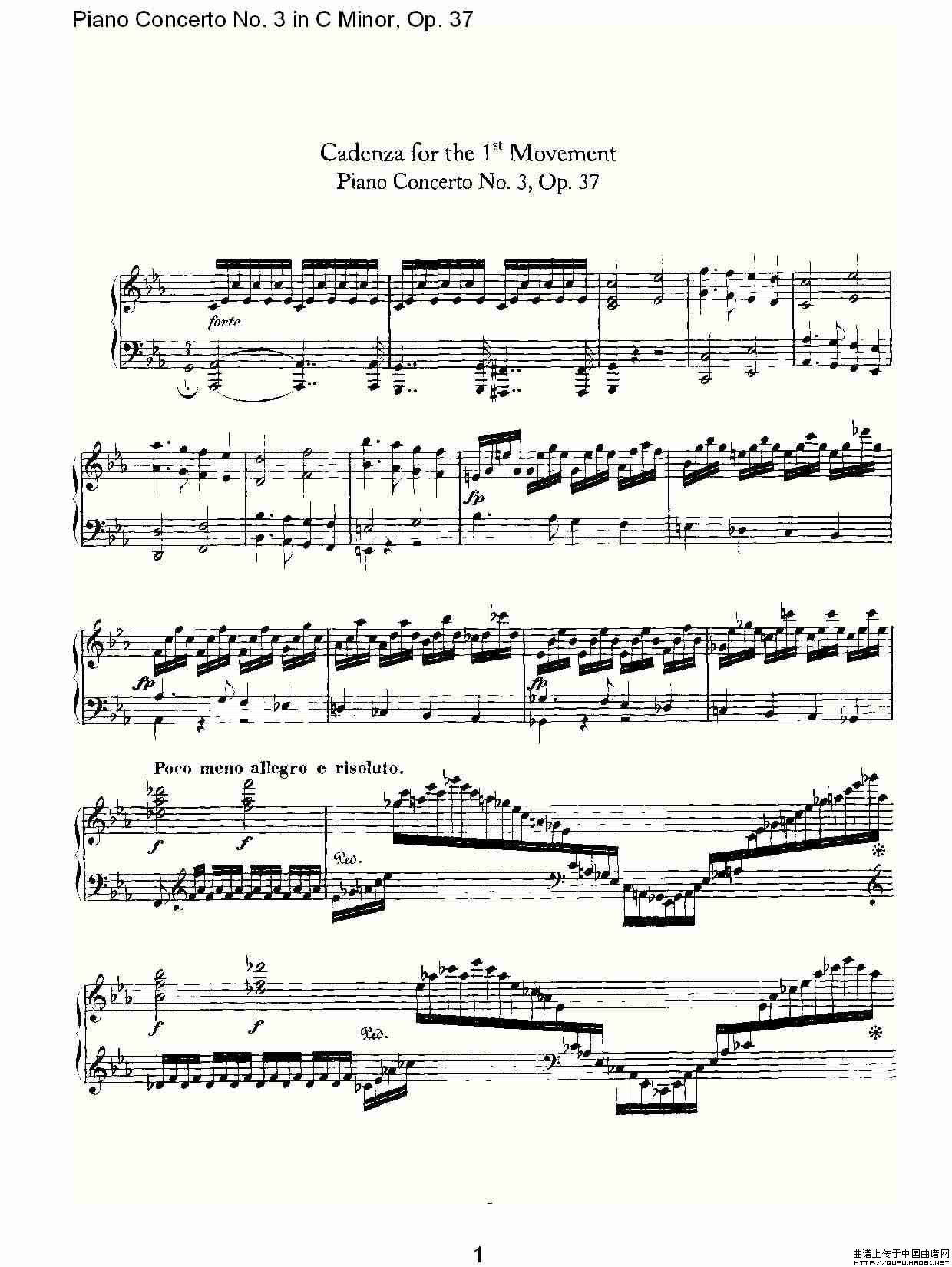 C小调钢琴第三协奏曲 Op.37  华彩乐章钢琴曲谱（图1）