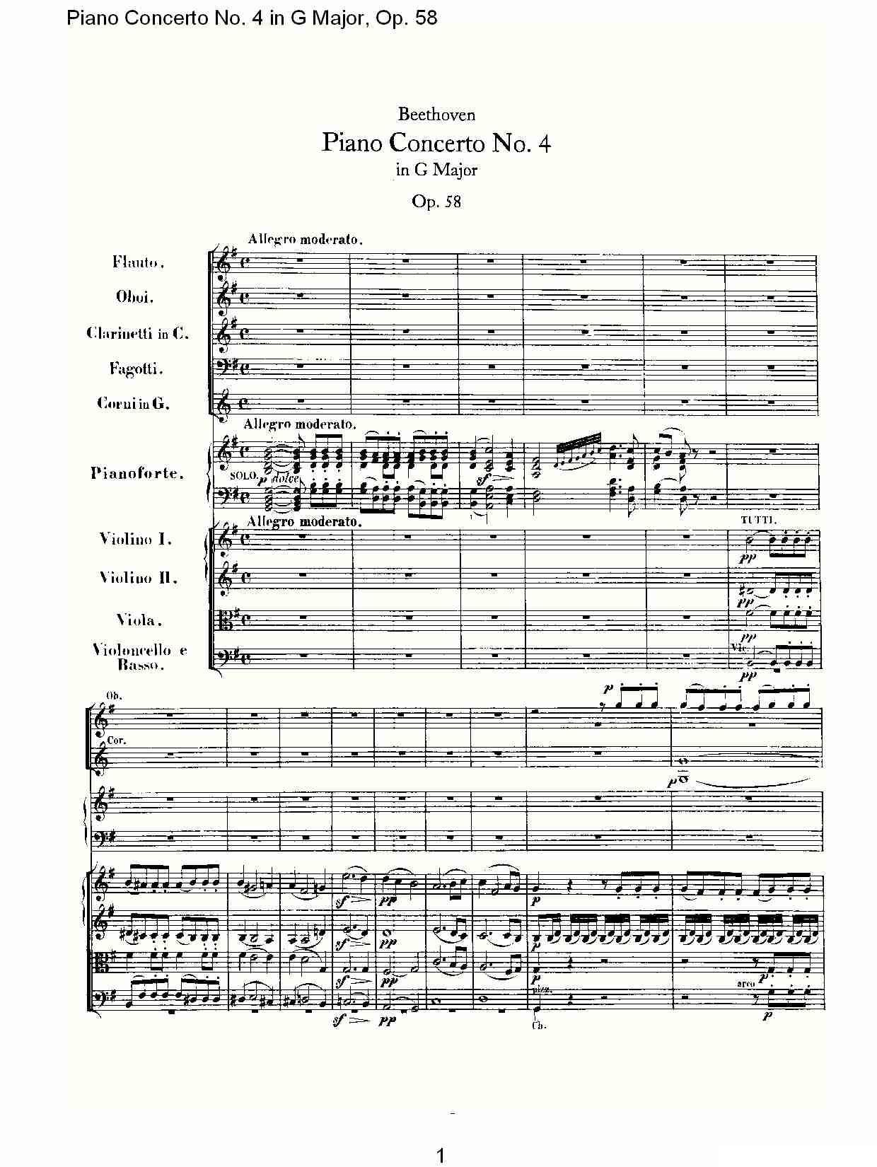 Ｇ大调钢琴第四协奏曲 Op.58 第一乐章钢琴曲谱（图1）