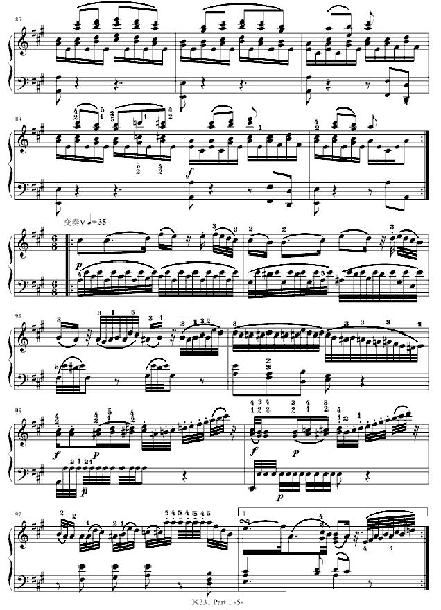 A大调钢琴奏鸣曲 第一乐章（K331 第一乐章）钢琴曲谱（图5）