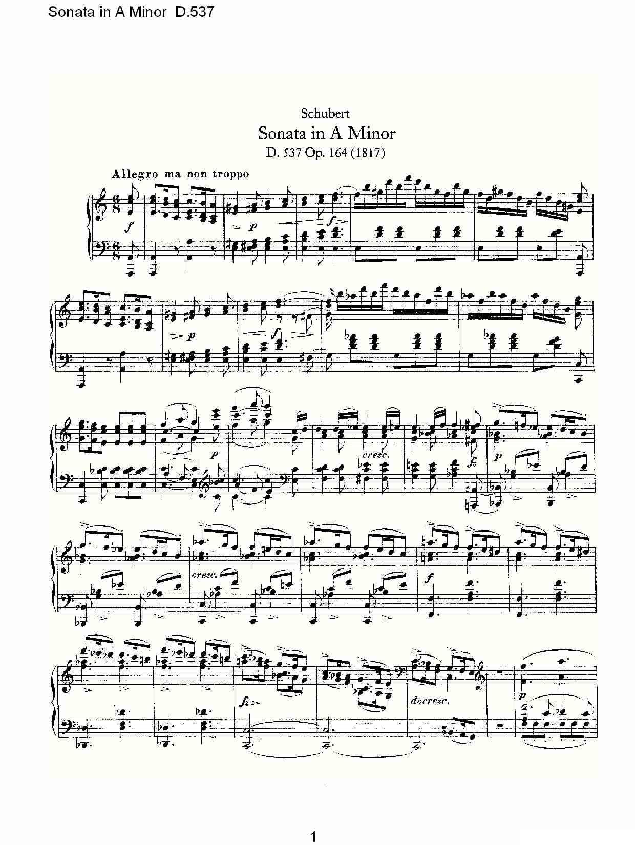 Sonata in A Minor D.537（A小调奏鸣曲 D.537）钢琴曲谱（图1）