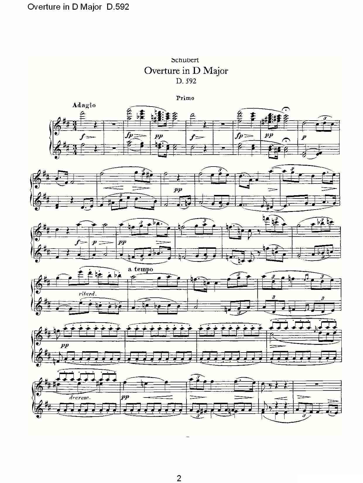 Overture in D Major D.592（Ｄ大调序曲 D.592）钢琴曲谱（图2）