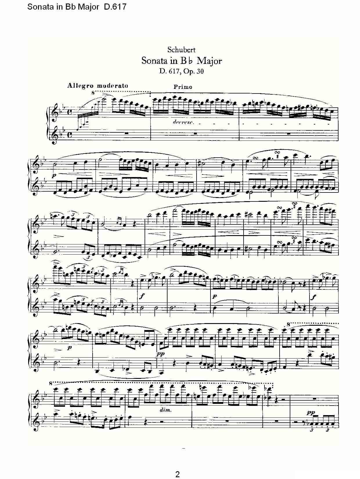 Sonata in Bb Major D.617（Bb大调奏鸣曲 D.617）钢琴曲谱（图2）