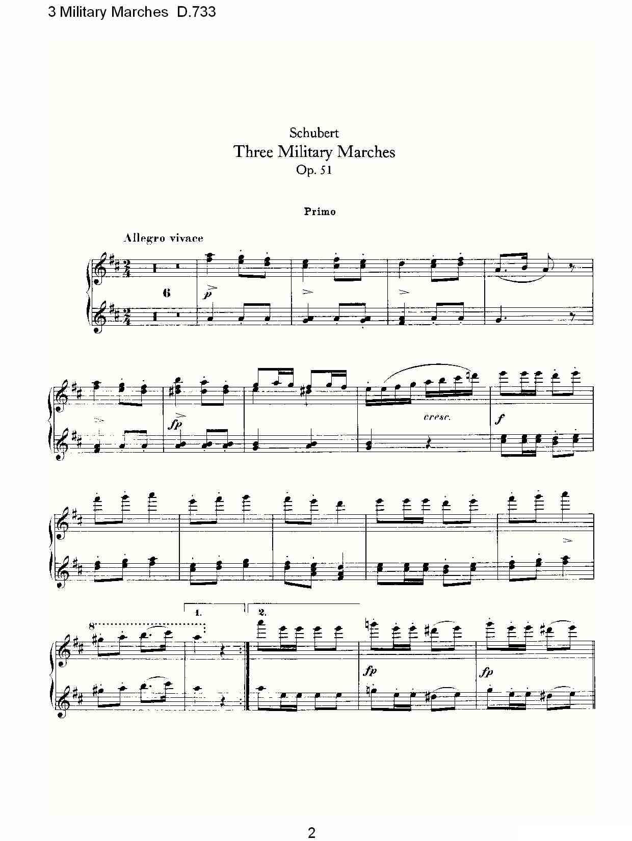 3 Military Marches D.733（3 士兵进行曲 D.733）钢琴曲谱（图2）