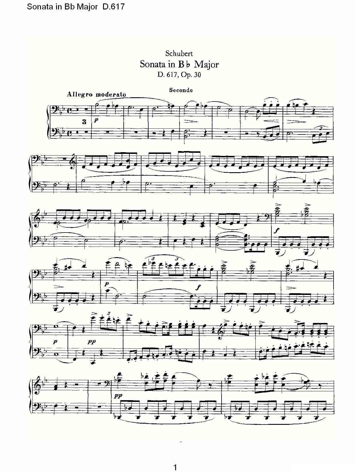 Sonata in Bb Major D.617（Bb大调奏鸣曲 D.617）钢琴曲谱（图1）