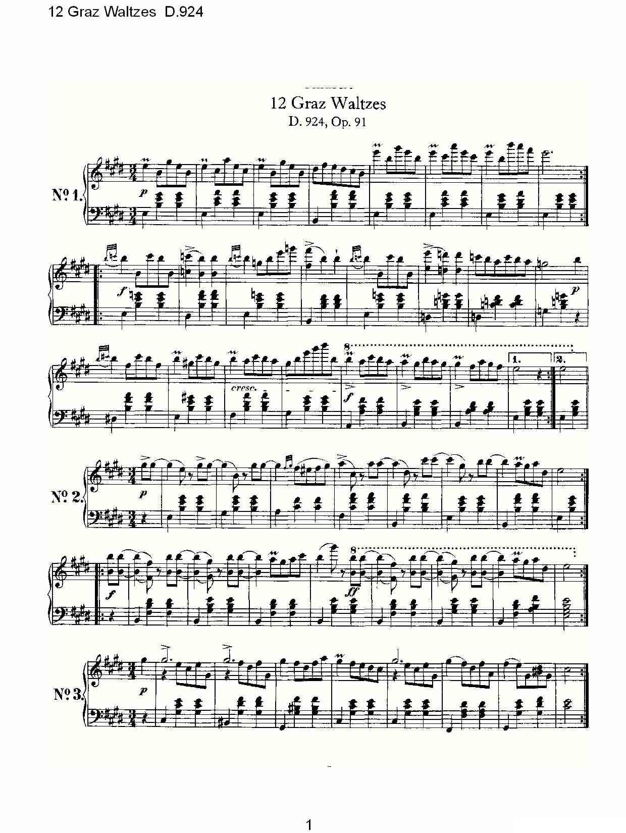 12 Graz Waltzes D.924（12格拉茨快步舞 D.924）钢琴曲谱（图1）