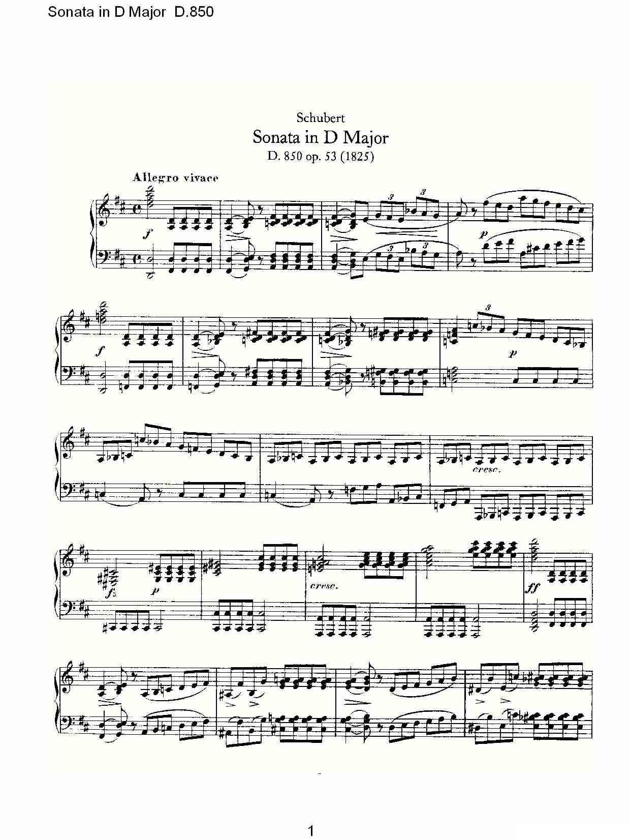 Sonata in D Major D.850（D大调奏鸣曲 D.850）钢琴曲谱（图1）