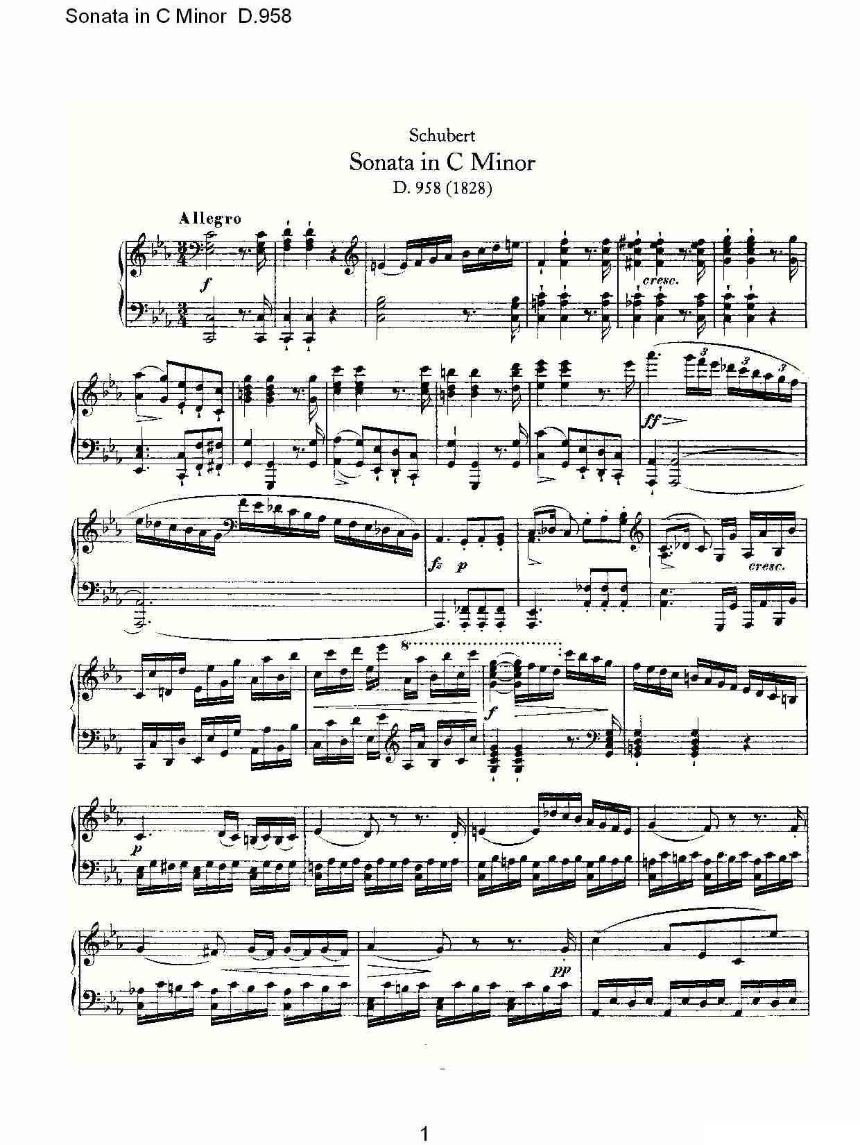 Sonata in C Minor D.958（C小调奏鸣曲 D.958）钢琴曲谱（图1）