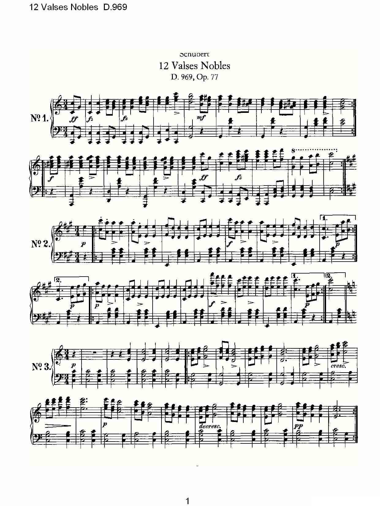 12 Valses Nobles D.969（12 贵族圆舞曲 D.969）钢琴曲谱（图1）