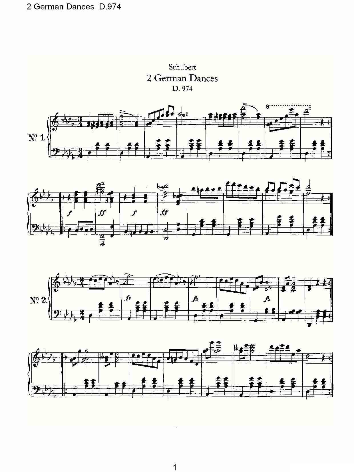 2 German Dances D.974（2德国舞曲 D.974）钢琴曲谱（图1）