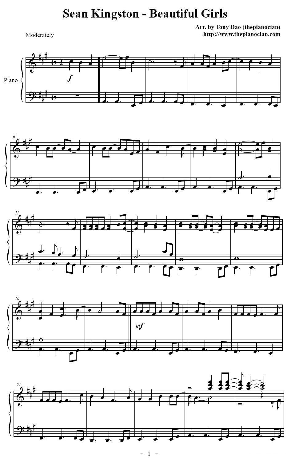 Sean Kingston - Beautiful Girls钢琴曲谱（图1）