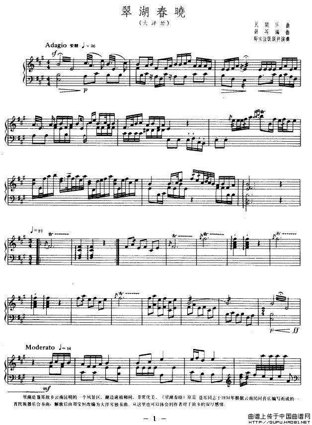 翠湖春晓（大洋琴、五线谱）钢琴曲谱（图1）