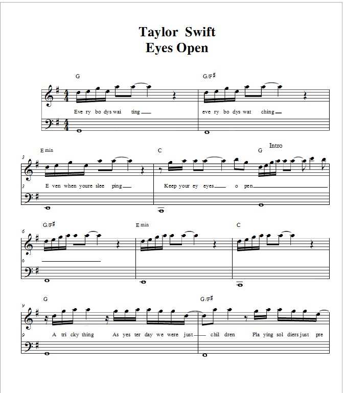 Taylor swift -eyes open钢琴曲谱（图1）